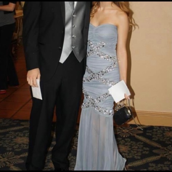 B. Darlin Strapless Gray Rhinestone Long Dress - Picture 7 of 8